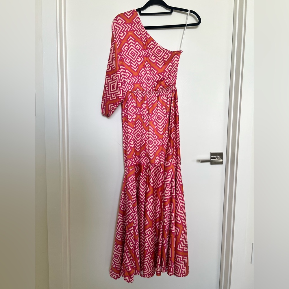 Geometric Pink and White One-Shoulder Dress